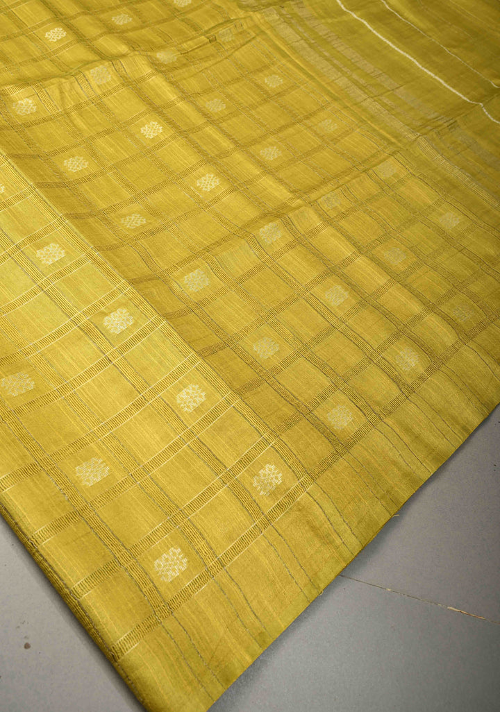 Moss Green Checks Borderless Semi Tussar Saree with Zari Buttas and | SHOBITAM