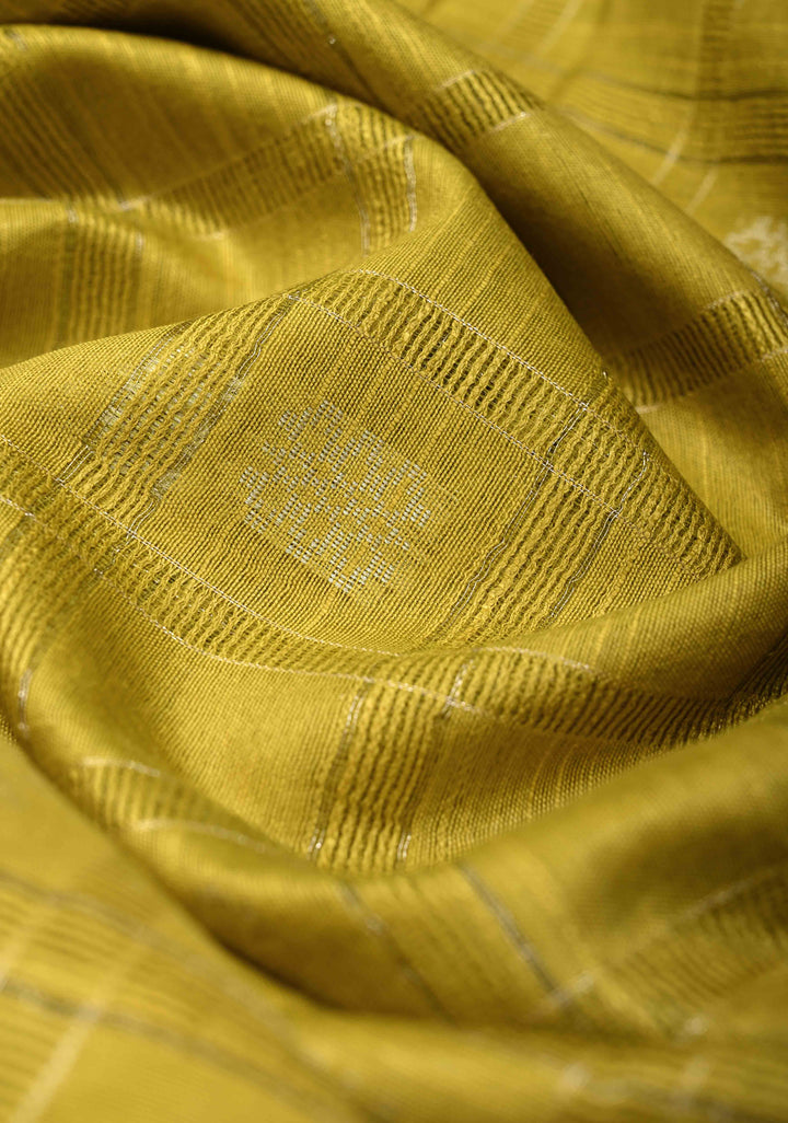 Moss Green Checks Borderless Semi Tussar Saree with Zari Buttas and | SHOBITAM