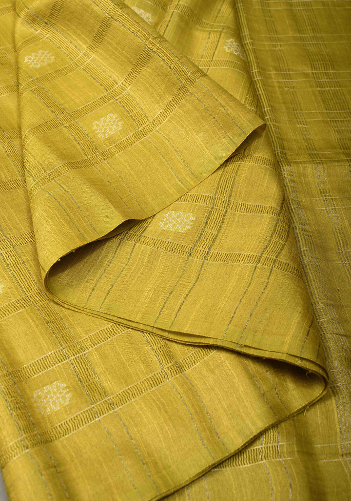 Moss Green Checks Borderless Semi Tussar Saree with Zari Buttas and | SHOBITAM