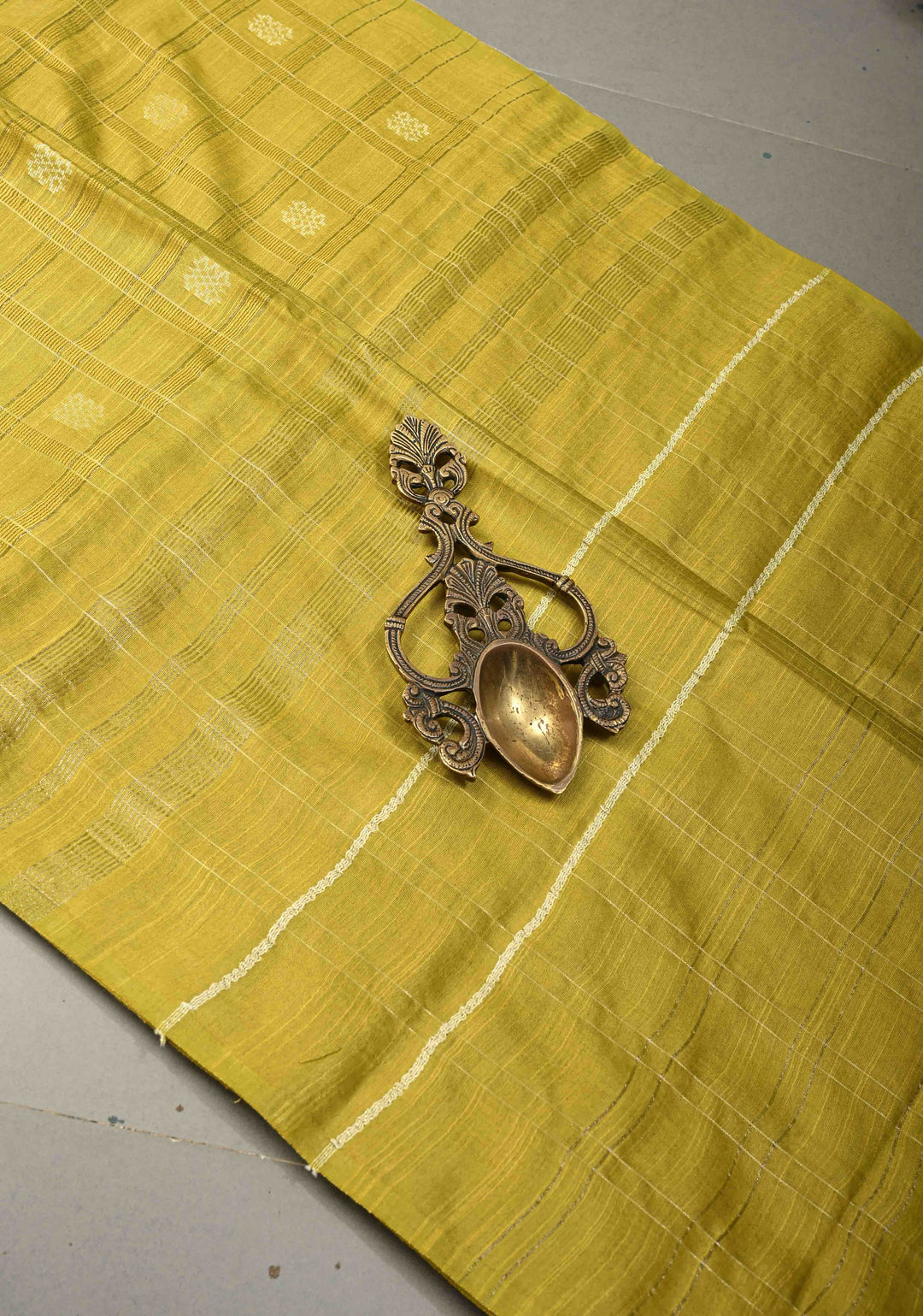 Moss Green Checks Borderless Semi Tussar Saree with Zari Buttas and | SHOBITAM