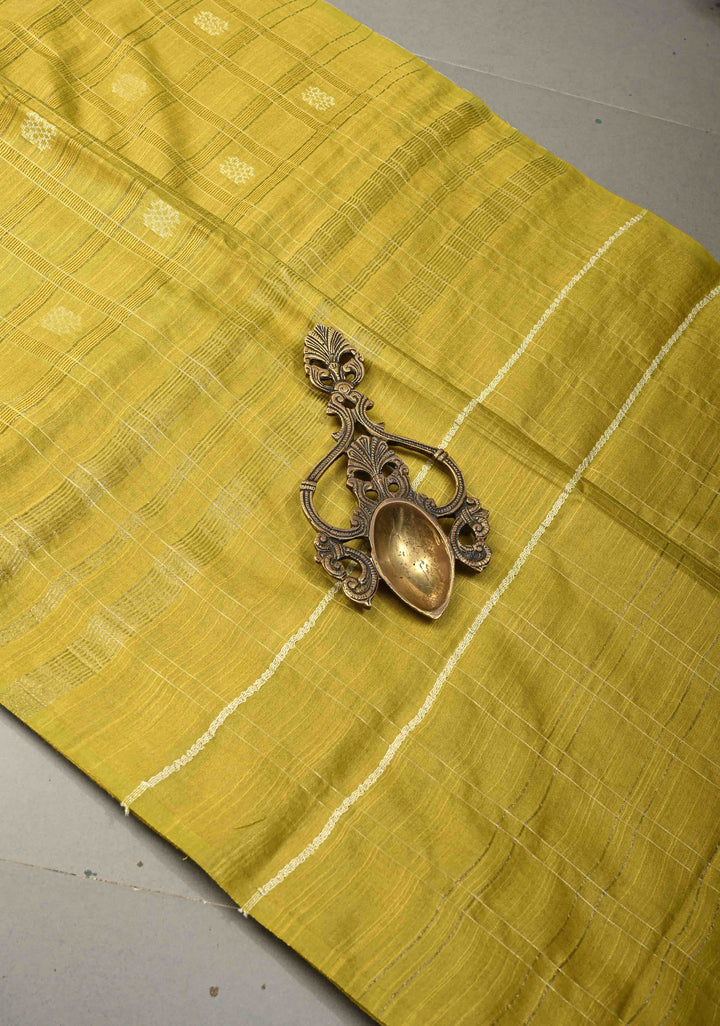Moss Green Checks Borderless Semi Tussar Saree with Zari Buttas and | SHOBITAM