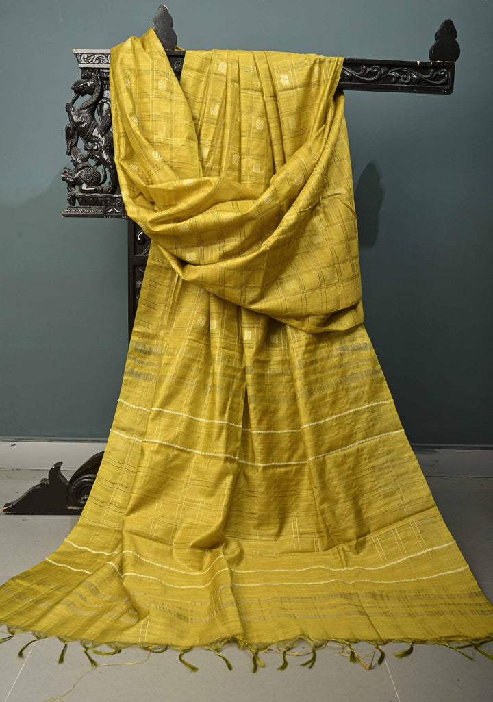 Moss Green Checks Borderless Semi Tussar Saree with Zari Buttas and | SHOBITAM