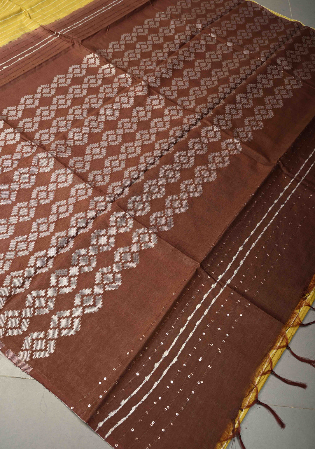 Moss Yellow Borderless Semi Tussar Saree with Thread Horizontal Stripes and Contrast Sequins Pallu | SHOBITAM