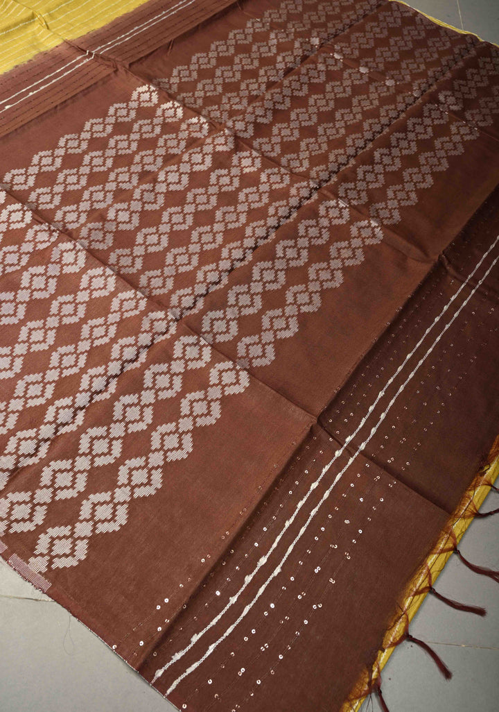 Moss Yellow Borderless Semi Tussar Saree with Thread Horizontal Stripes and Contrast Sequins Pallu | SHOBITAM