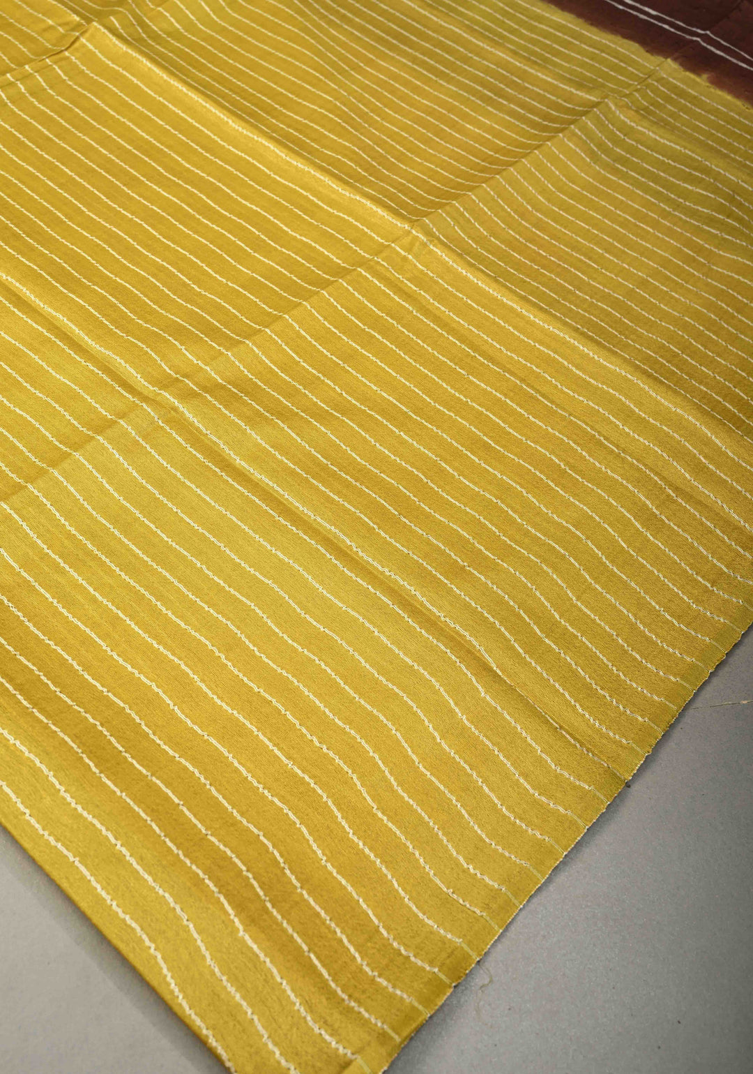 Moss Yellow Borderless Semi Tussar Saree with Thread Horizontal Stripes and Contrast Sequins Pallu | SHOBITAM