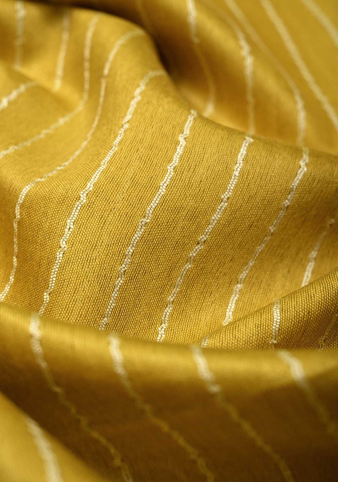 Moss Yellow Borderless Semi Tussar Saree with Thread Horizontal Stripes and Contrast Sequins Pallu | SHOBITAM
