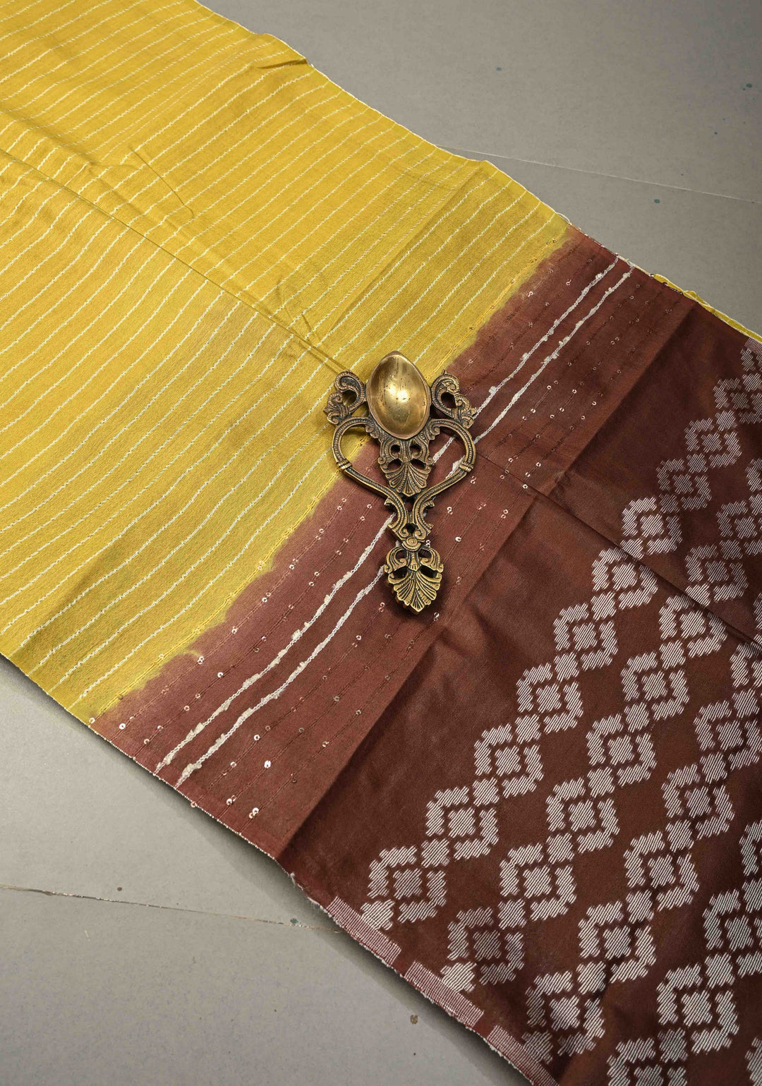 Moss Yellow Borderless Semi Tussar Saree with Thread Horizontal Stripes and Contrast Sequins Pallu | SHOBITAM