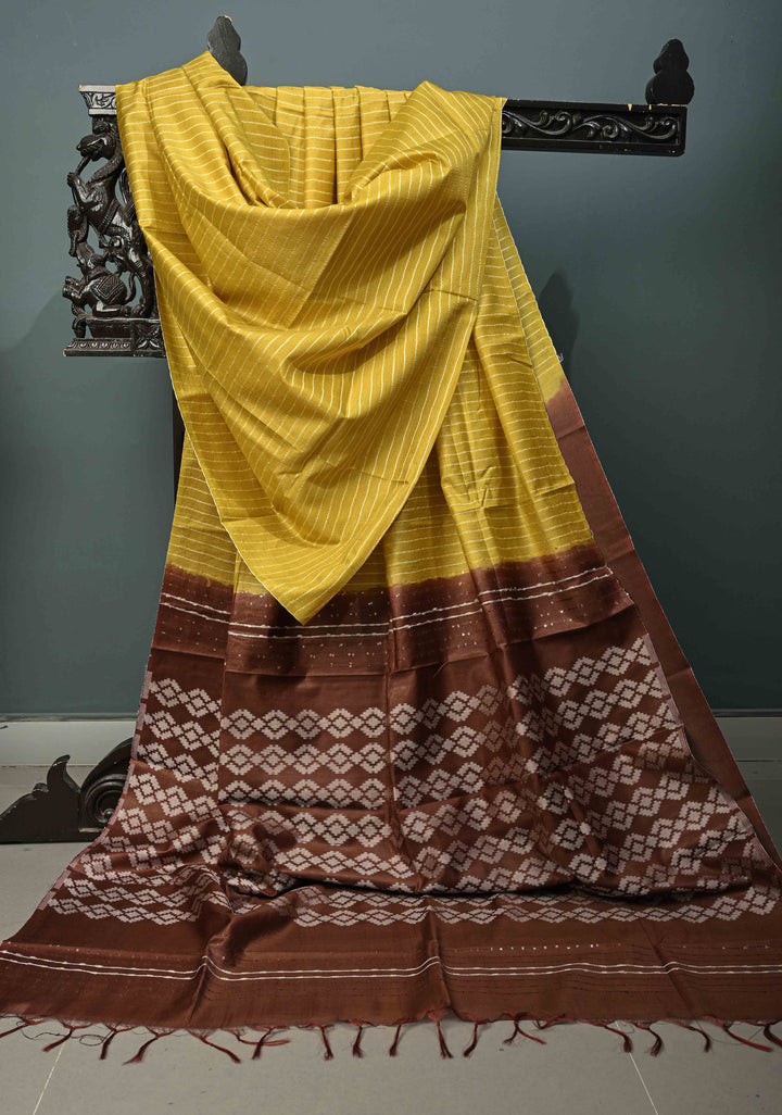 Moss Yellow Borderless Semi Tussar Saree with Thread Horizontal Stripes and Contrast Sequins Pallu | SHOBITAM