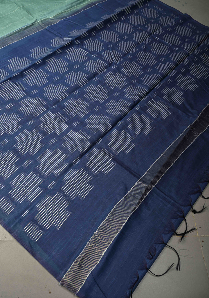Dusty Teal Borderless Semi Tussar Saree with Thread-Zari Horizontal Stripes and Contrast Pallu | SHOBITAM
