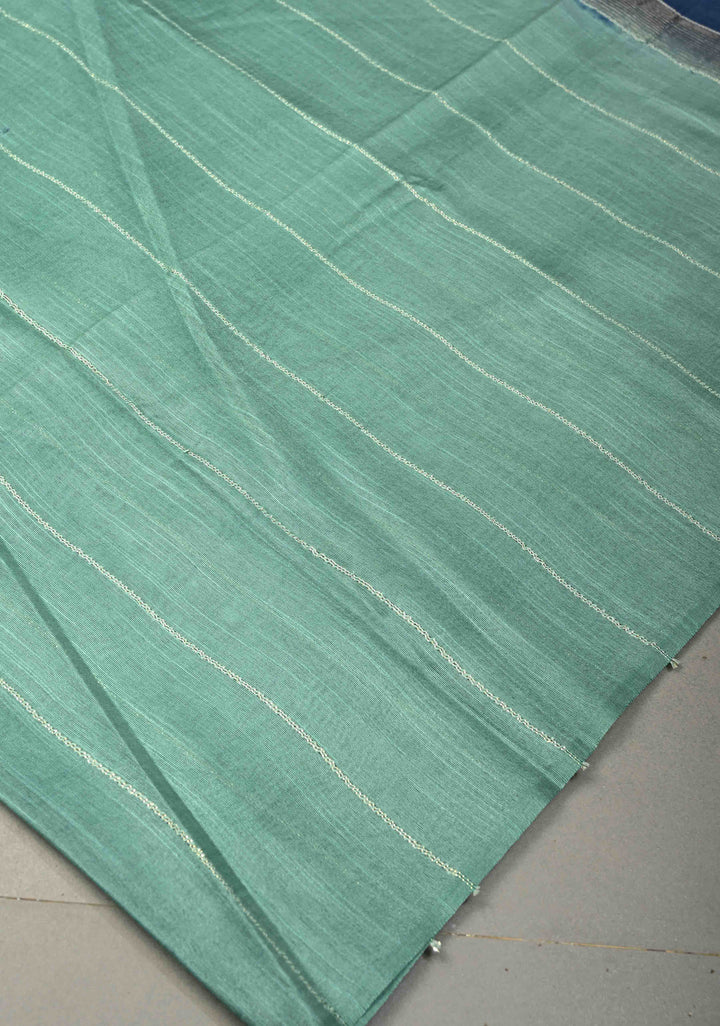 Dusty Teal Borderless Semi Tussar Saree with Thread-Zari Horizontal Stripes and Contrast Pallu | SHOBITAM