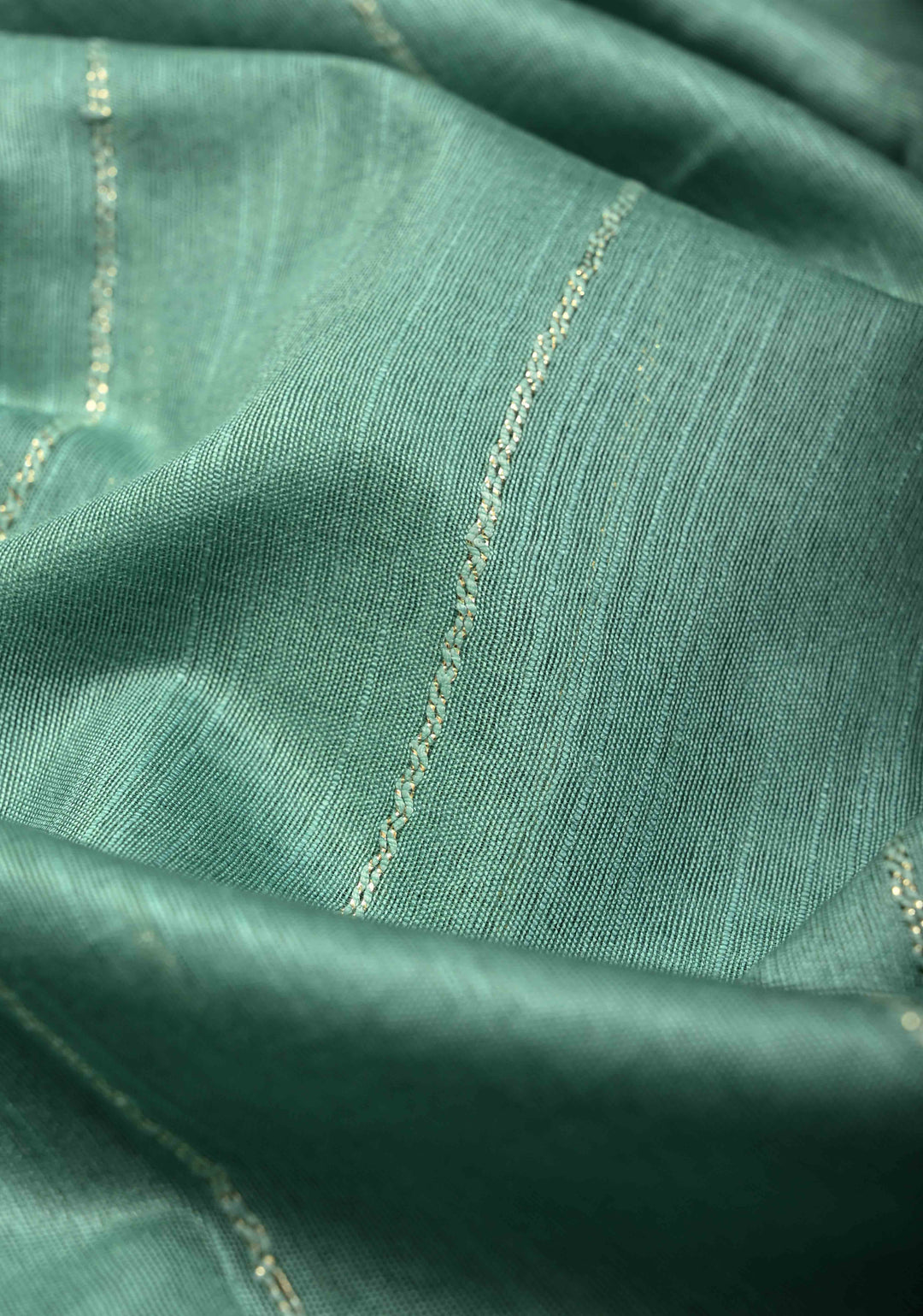 Dusty Teal Borderless Semi Tussar Saree with Thread-Zari Horizontal Stripes and Contrast Pallu | SHOBITAM