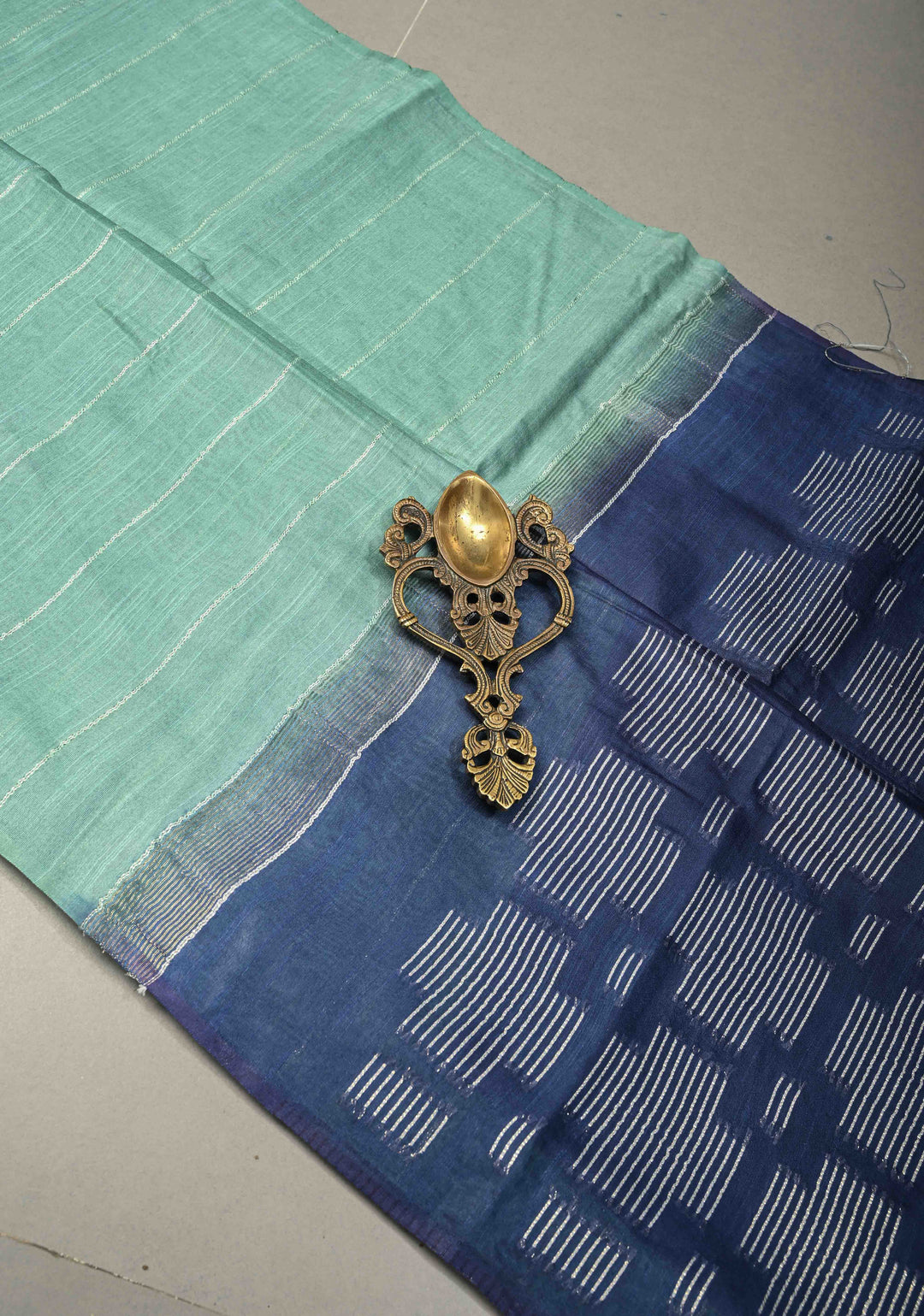 Dusty Teal Borderless Semi Tussar Saree with Thread-Zari Horizontal Stripes and Contrast Pallu | SHOBITAM