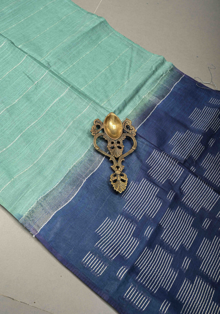 Dusty Teal Borderless Semi Tussar Saree with Thread-Zari Horizontal Stripes and Contrast Pallu | SHOBITAM