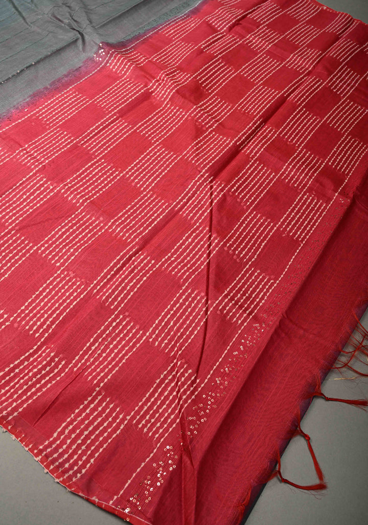 Cloudy Gray Borderless Semi Tussar Saree with Pocket Sequins Detailing and Contrast Pallu | SHOBITAM