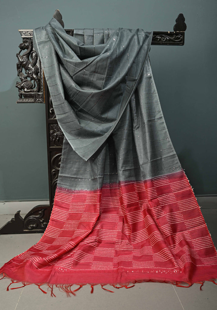 Cloudy Gray Borderless Semi Tussar Saree with Pocket Sequins Detailing and Contrast Pallu | SHOBITAM