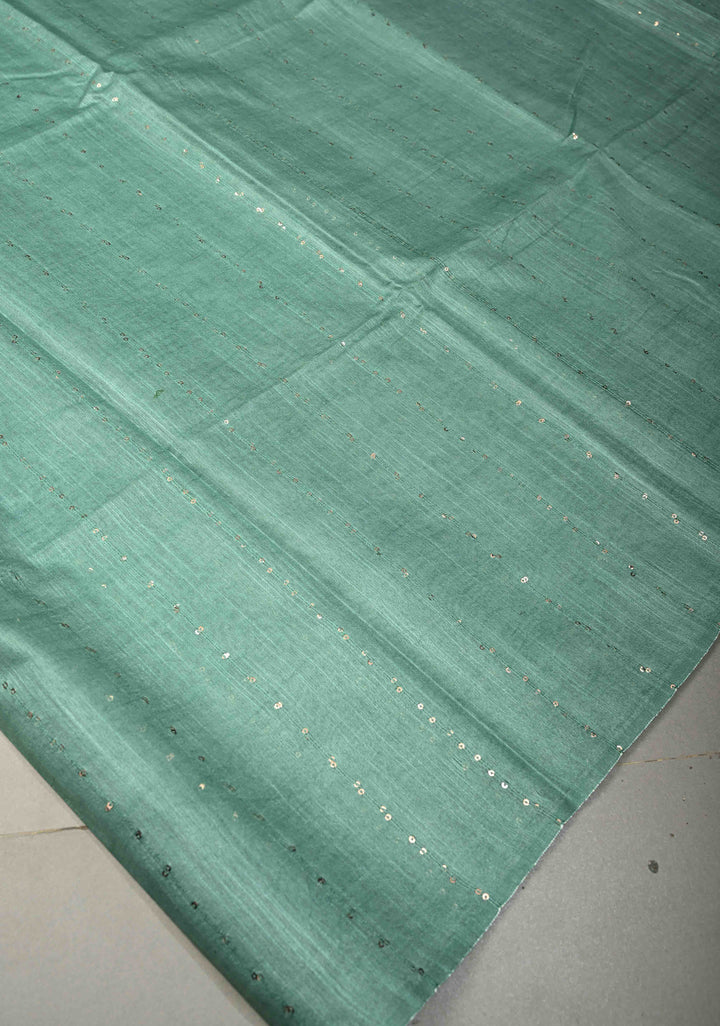 Seafoam Green Borderless Semi Tussar Saree with Sequins Horizontal Stripes and Contrast Pallu | SHOBITAM