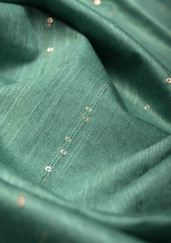 Seafoam Green Borderless Semi Tussar Saree with Sequins Horizontal Stripes and Contrast Pallu | SHOBITAM