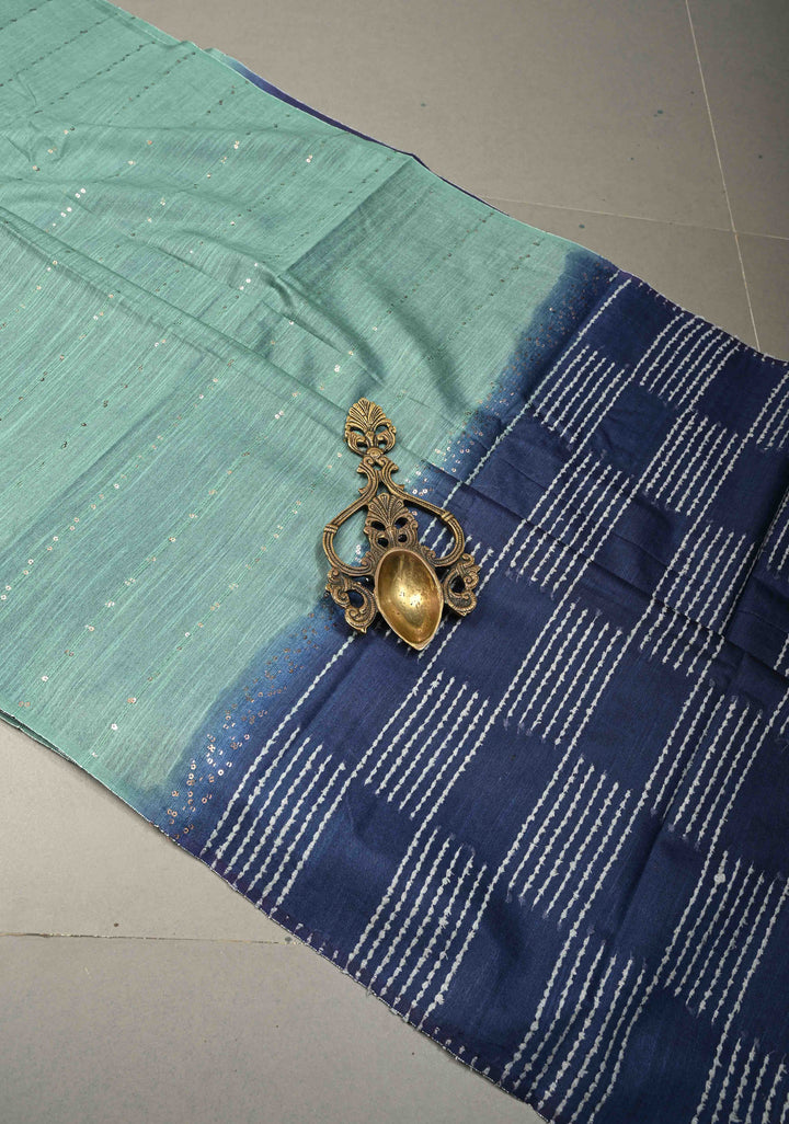 Seafoam Green Borderless Semi Tussar Saree with Sequins Horizontal Stripes and Contrast Pallu | SHOBITAM