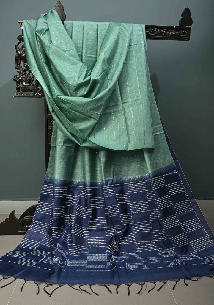 Seafoam Green Borderless Semi Tussar Saree with Sequins Horizontal Stripes and Contrast Pallu | SHOBITAM