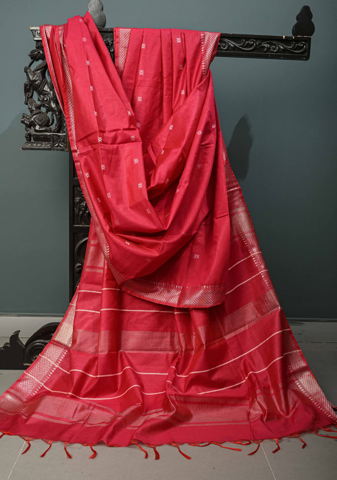 Rani Pink Semi Tussar Saree with Thread Buttas and Silver Zari Border | SHOBITAM