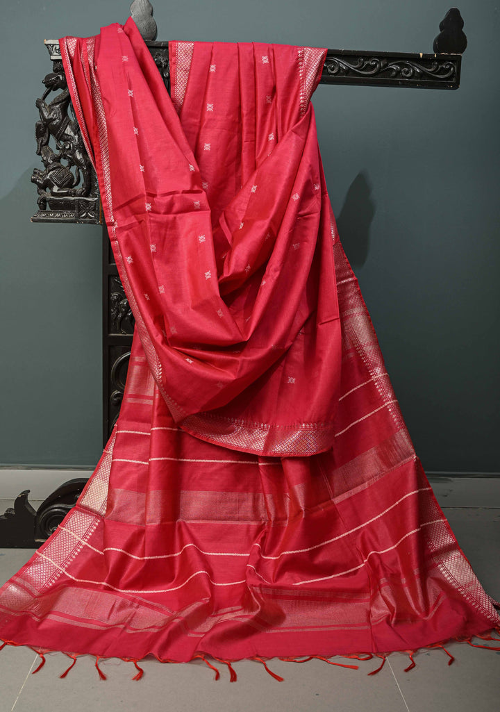 Rani Pink Semi Tussar Saree with Thread Buttas and Silver Zari Border | SHOBITAM