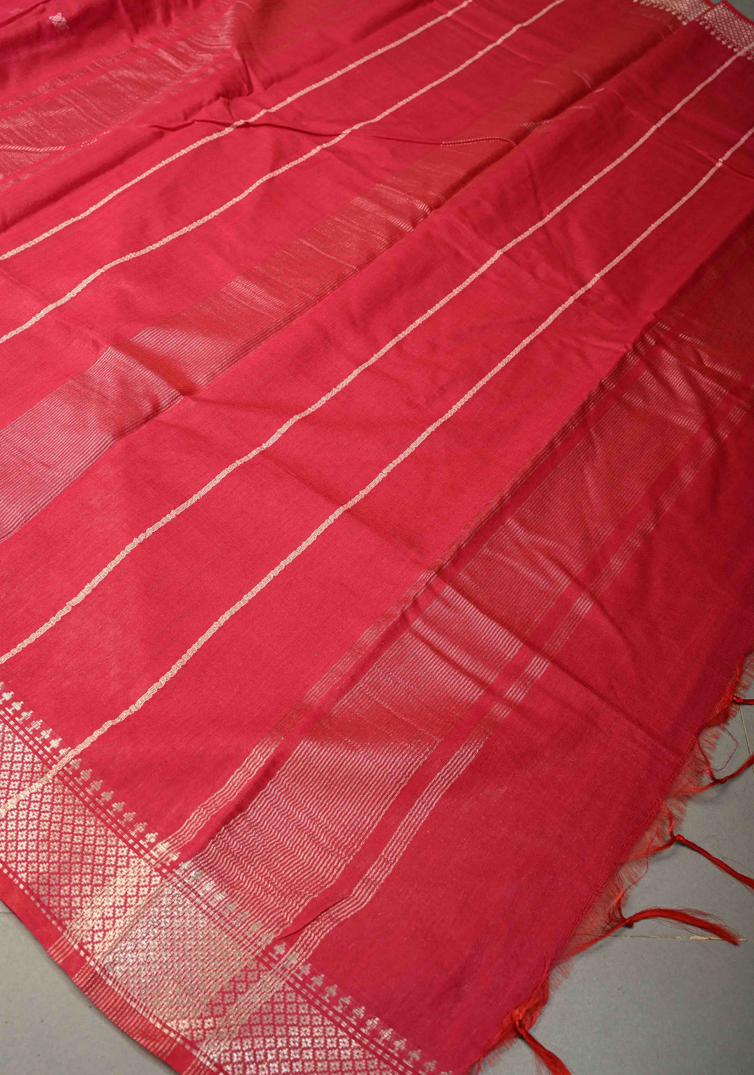 Rani Pink Semi Tussar Saree with Thread Buttas and Silver Zari Border | SHOBITAM