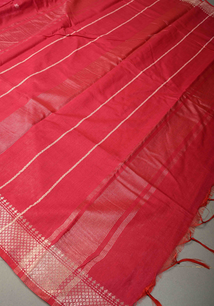 Rani Pink Semi Tussar Saree with Thread Buttas and Silver Zari Border | SHOBITAM