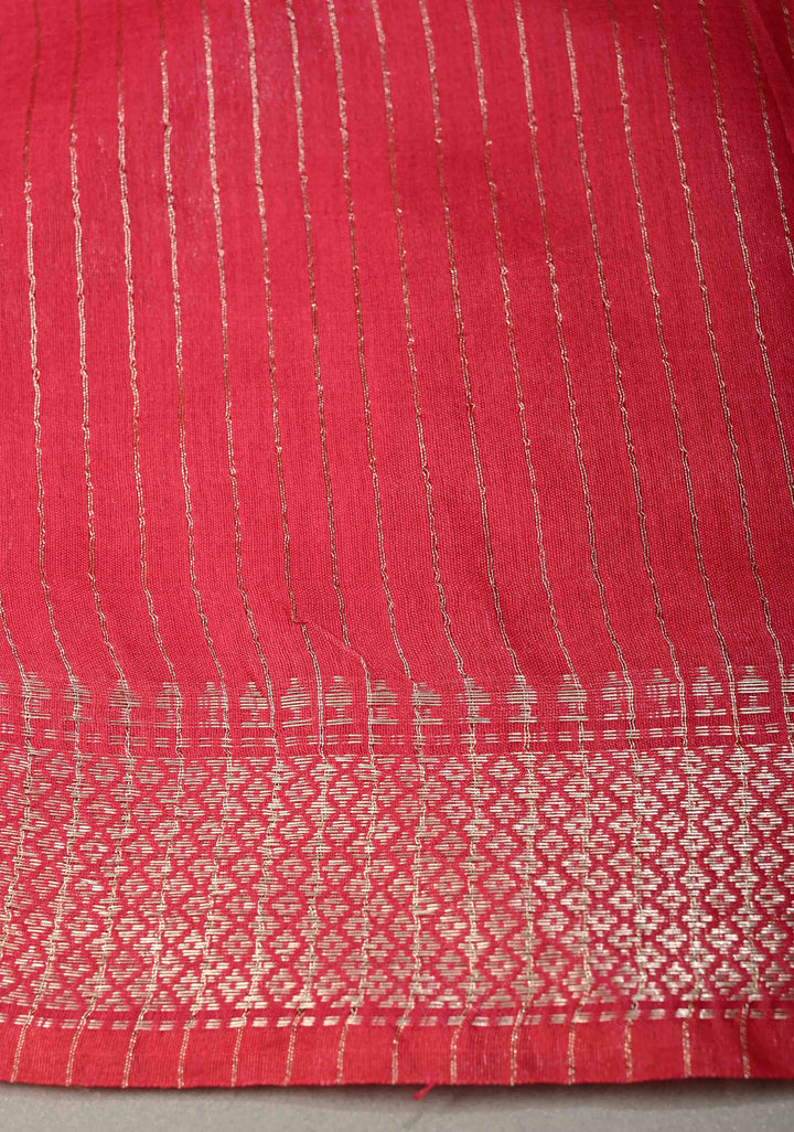 Rani Pink Semi Tussar Saree with Thread Buttas and Silver Zari Border | SHOBITAM