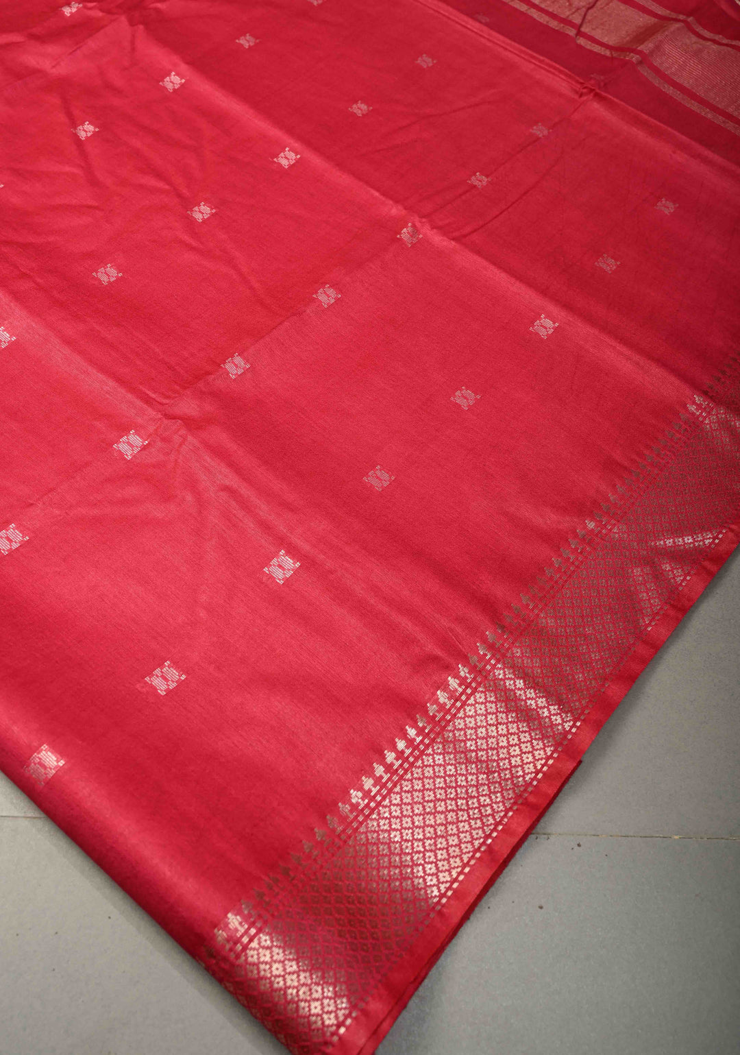 Rani Pink Semi Tussar Saree with Thread Buttas and Silver Zari Border | SHOBITAM