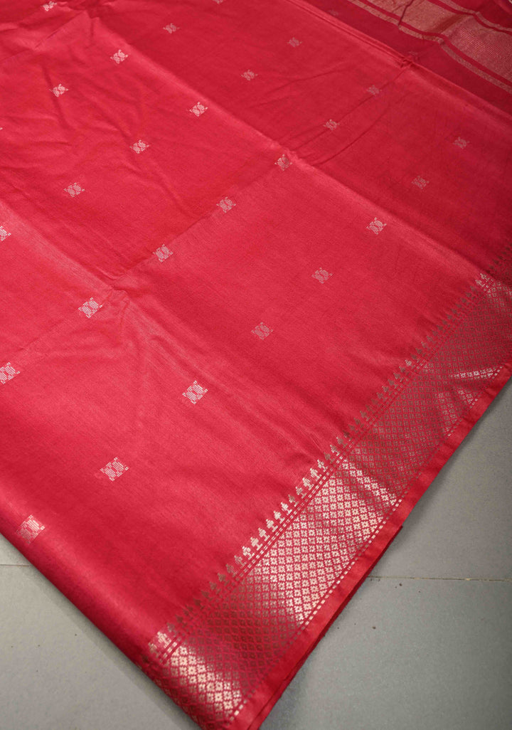 Rani Pink Semi Tussar Saree with Thread Buttas and Silver Zari Border | SHOBITAM
