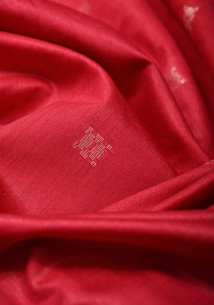 Rani Pink Semi Tussar Saree with Thread Buttas and Silver Zari Border | SHOBITAM