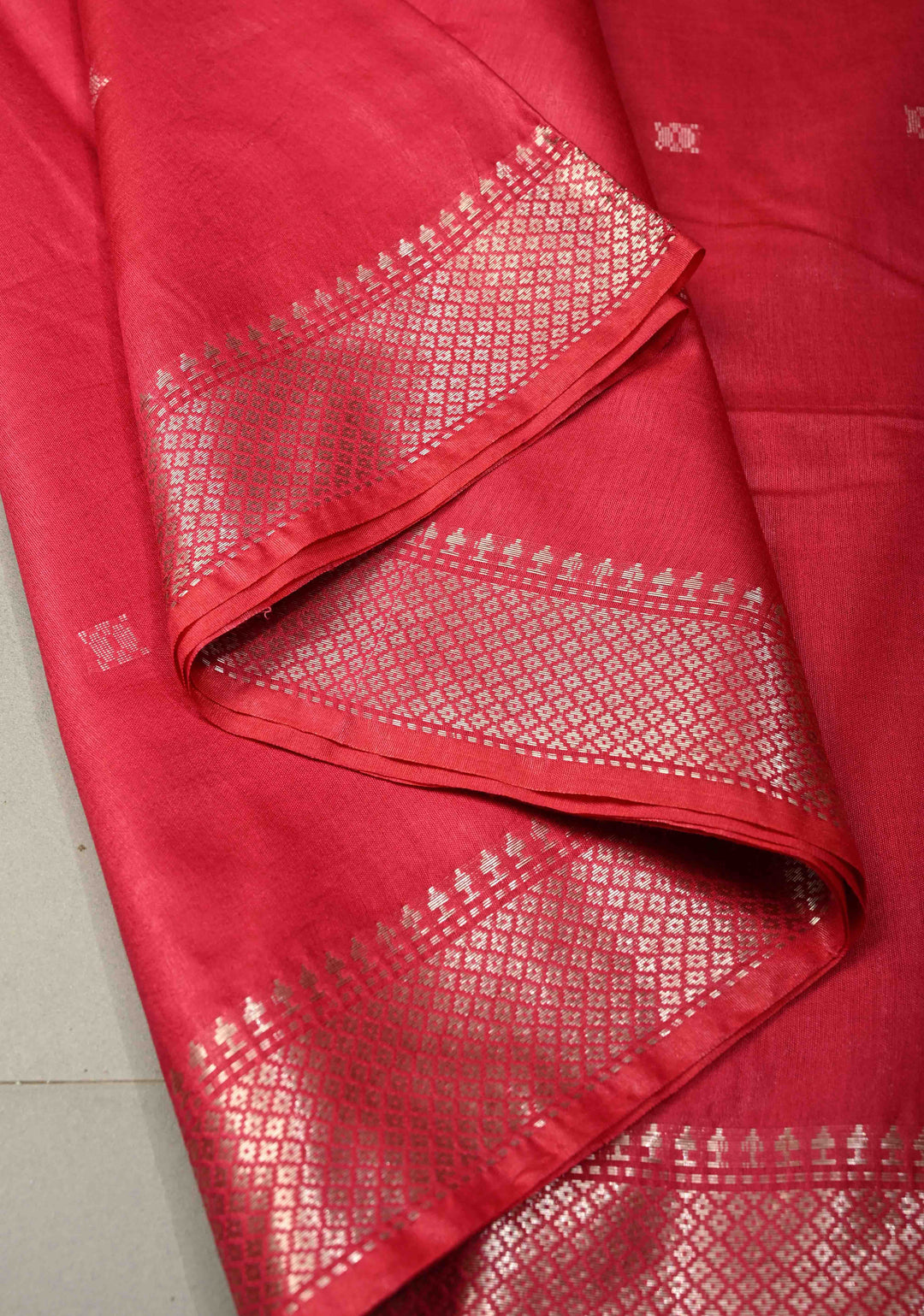 Rani Pink Semi Tussar Saree with Thread Buttas and Silver Zari Border | SHOBITAM