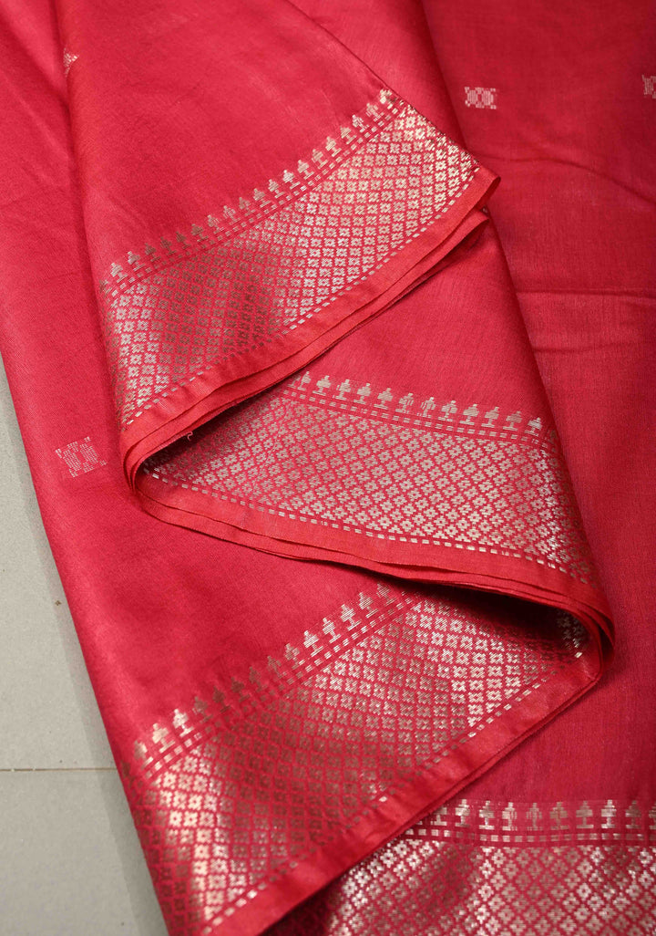 Rani Pink Semi Tussar Saree with Thread Buttas and Silver Zari Border | SHOBITAM