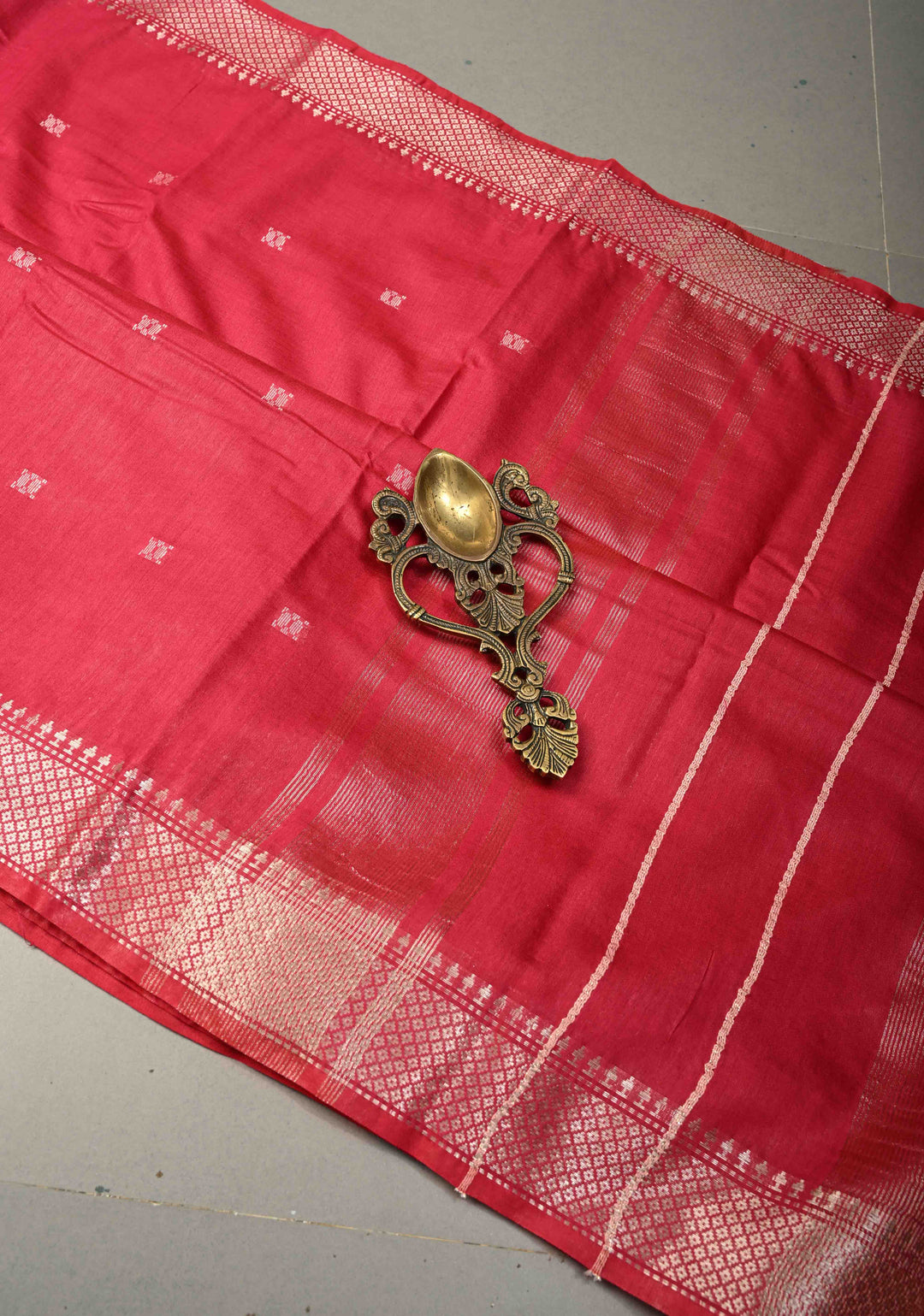 Rani Pink Semi Tussar Saree with Thread Buttas and Silver Zari Border | SHOBITAM