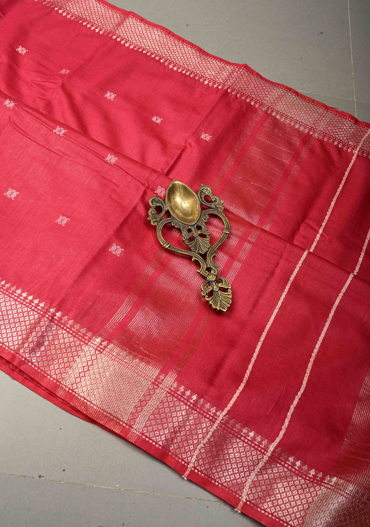Rani Pink Semi Tussar Saree with Thread Buttas and Silver Zari Border | SHOBITAM