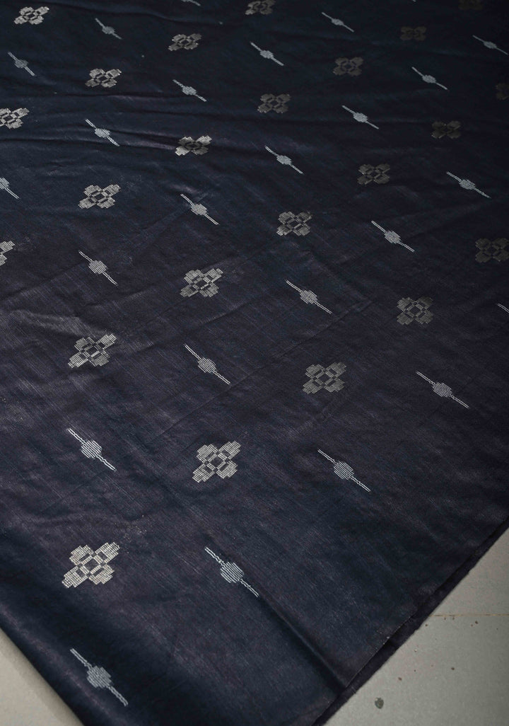 Midnight Blue Borderless Semi Tussar Saree with Thread and Zari Buttas | SHOBITAM