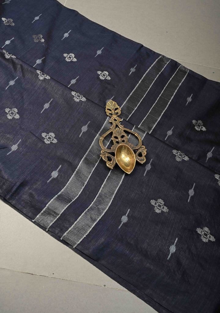 Midnight Blue Borderless Semi Tussar Saree with Thread and Zari Buttas | SHOBITAM