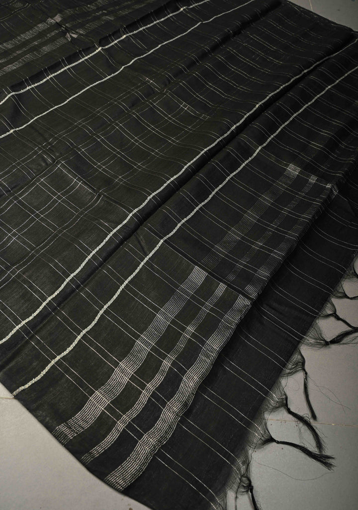 Black Borderless Semi Tussar Saree with Zari Buttas and Zari Checks | SHOBITAM