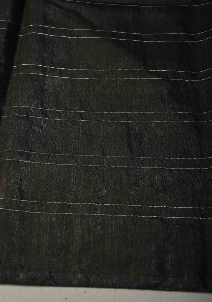 Black Borderless Semi Tussar Saree with Zari Buttas and Zari Checks | SHOBITAM
