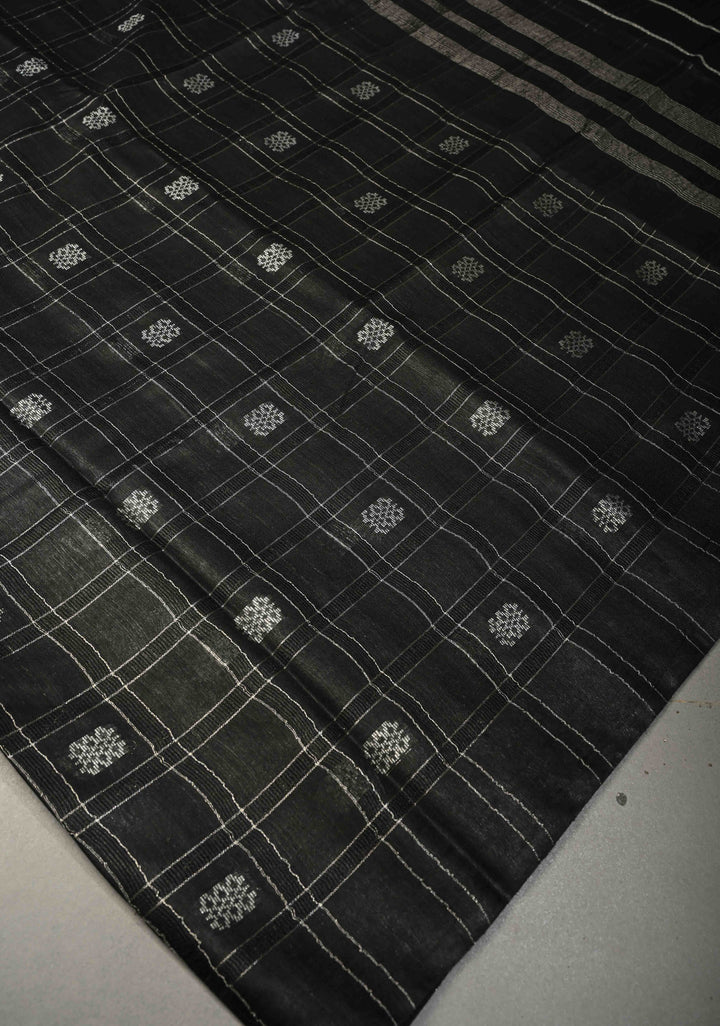 Black Borderless Semi Tussar Saree with Zari Buttas and Zari Checks | SHOBITAM