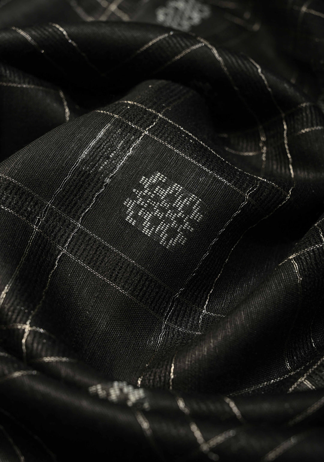 Black Borderless Semi Tussar Saree with Zari Buttas and Zari Checks | SHOBITAM