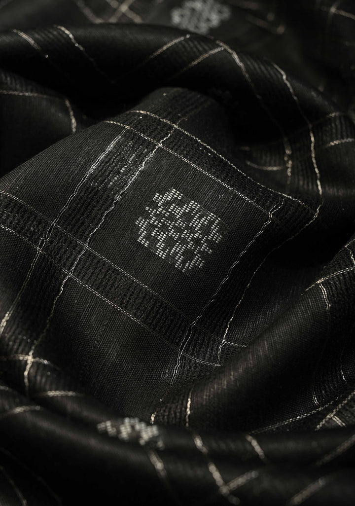 Black Borderless Semi Tussar Saree with Zari Buttas and Zari Checks | SHOBITAM