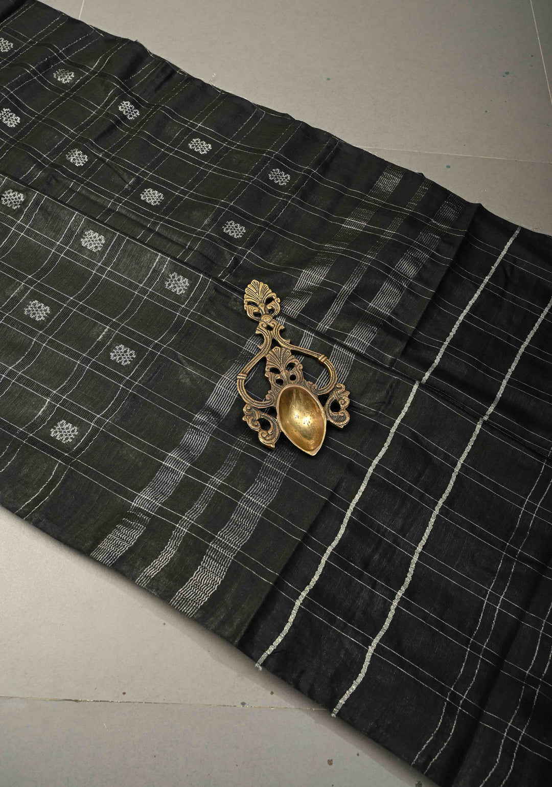 Black Borderless Semi Tussar Saree with Zari Buttas and Zari Checks | SHOBITAM