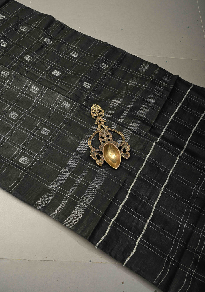 Black Borderless Semi Tussar Saree with Zari Buttas and Zari Checks | SHOBITAM