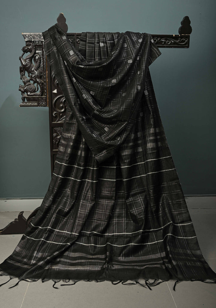 Black Borderless Semi Tussar Saree with Zari Buttas and Zari Checks | SHOBITAM
