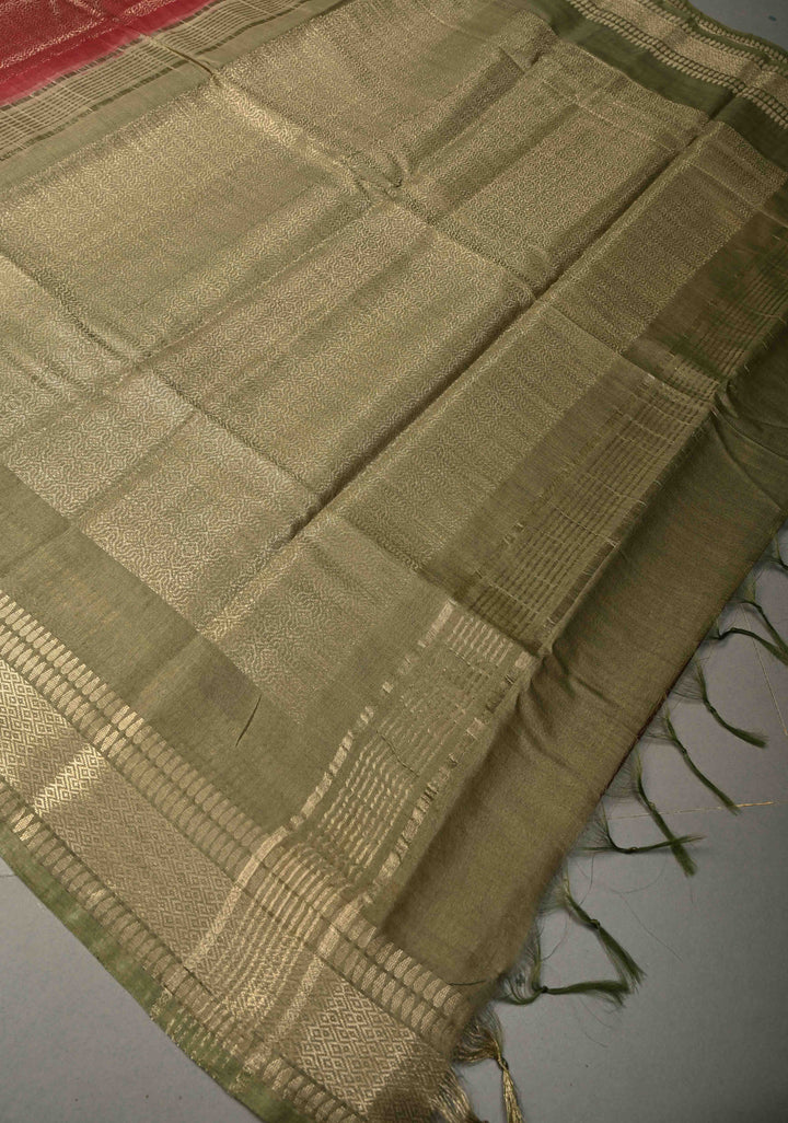 Coffee Brown Semi Tussar Tissue Saree with Contrast Zari Border and Pallu | SHOBITAM