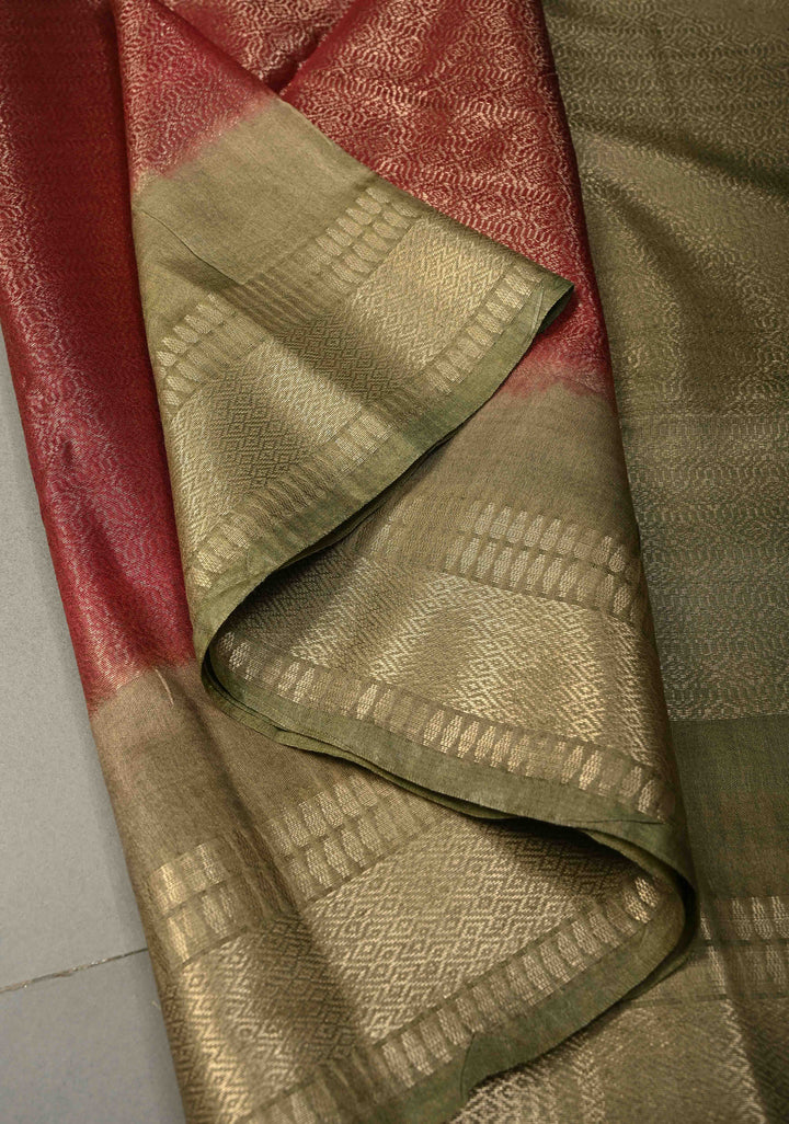 Coffee Brown Semi Tussar Tissue Saree with Contrast Zari Border and Pallu | SHOBITAM