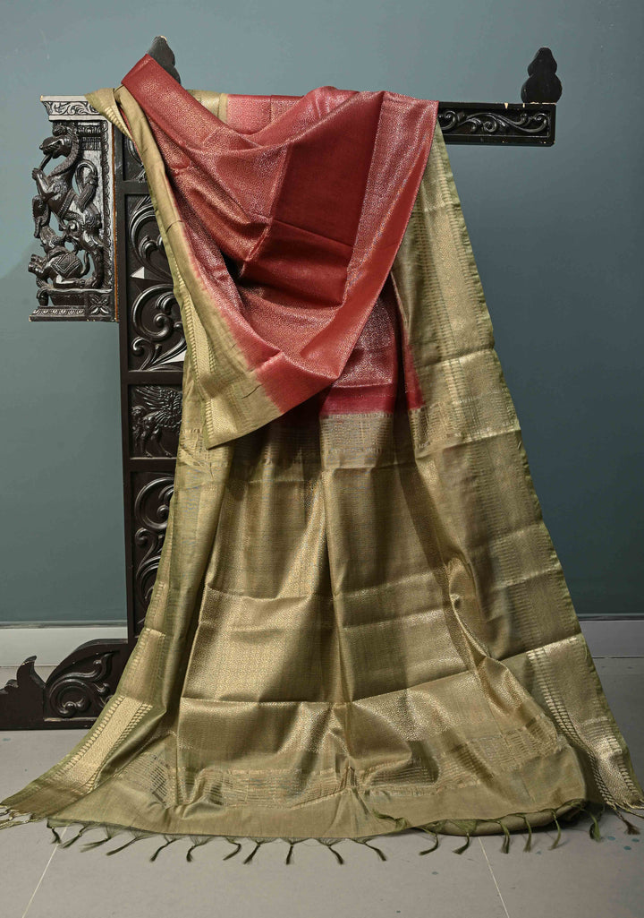 Coffee Brown Semi Tussar Tissue Saree with Contrast Zari Border and Pallu | SHOBITAM