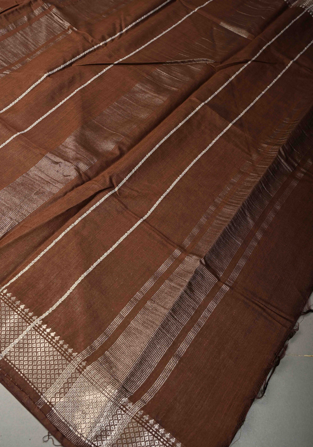 Coffee Brown Semi Tussar Saree with Thread Buttas and Silver Zari Border | SHOBITAM