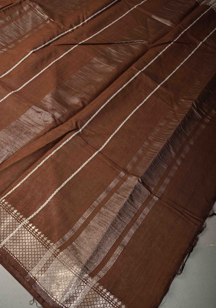 Coffee Brown Semi Tussar Saree with Thread Buttas and Silver Zari Border | SHOBITAM